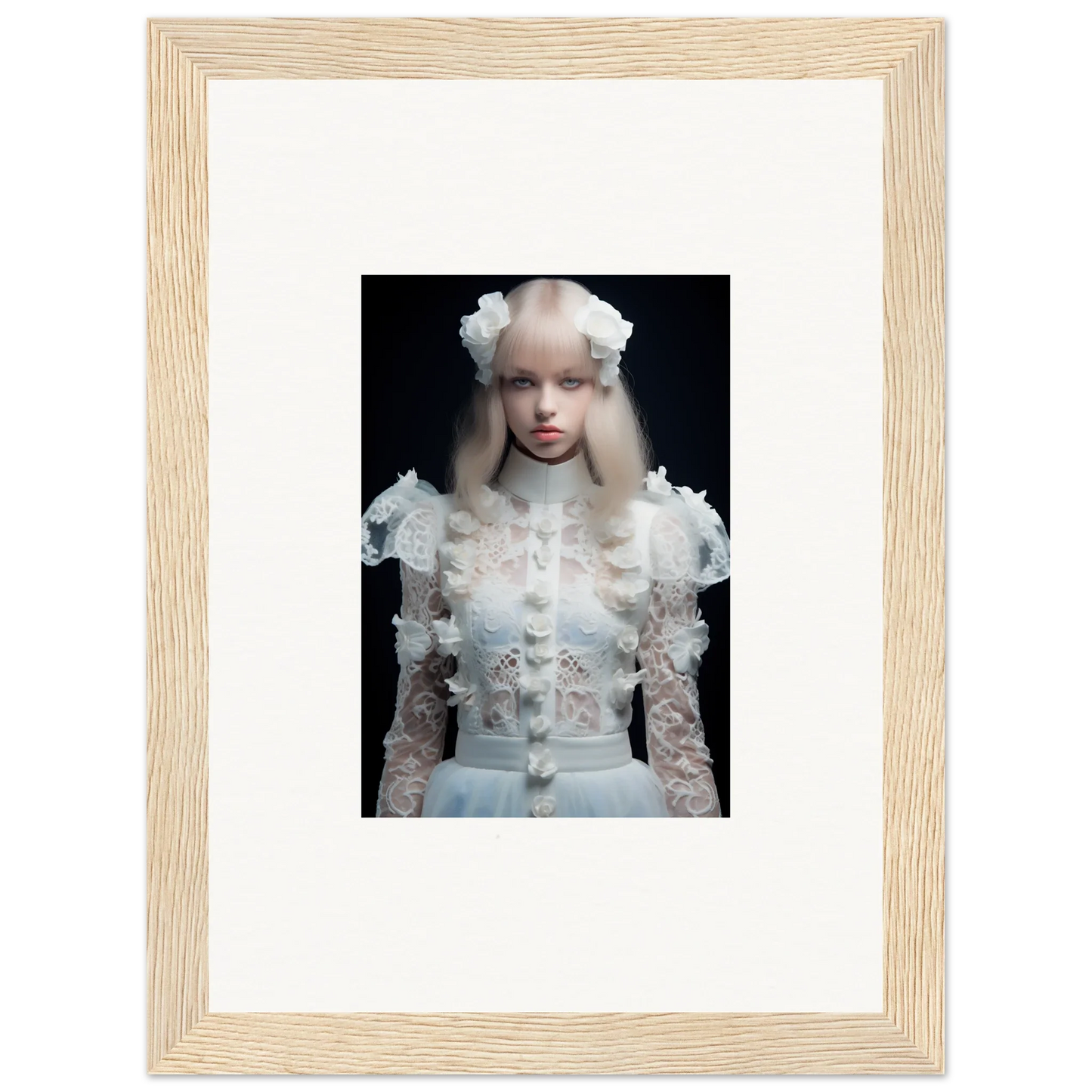 Framed photograph of a person wearing an ornate white lace outfit and headdress against a dark background.