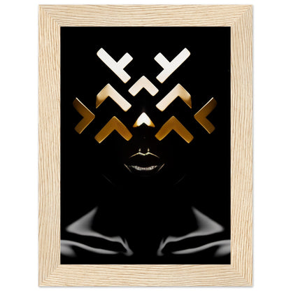 Abstract artwork featuring geometric shapes and a stylized mouth against a black background, framed in light wood.