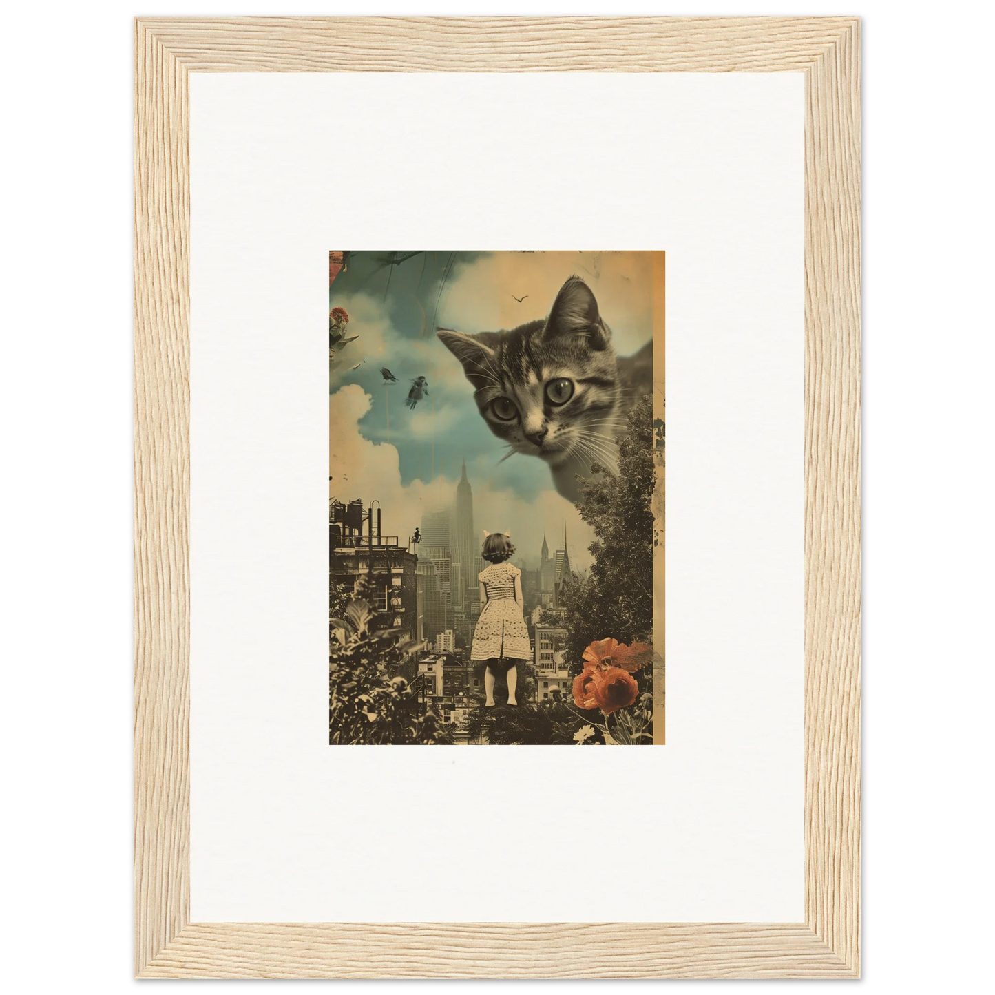 Giant cat face over cityscape in a surreal canvas print for unique room decoration