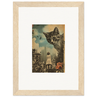 Giant cat face over cityscape in a surreal canvas print for unique room decoration