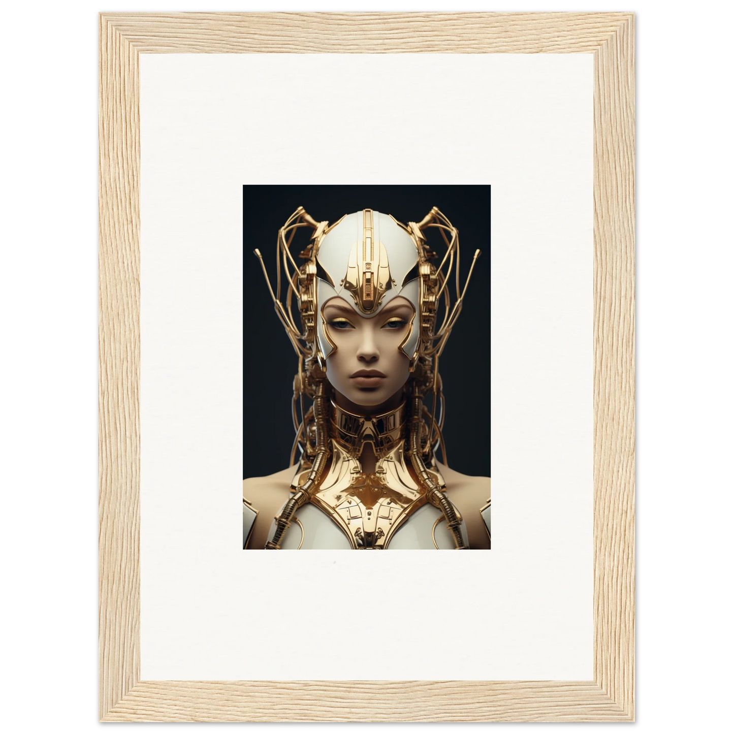 Ornate golden headdress and collar on a mystical figure for Future Echoes Muse canvas print