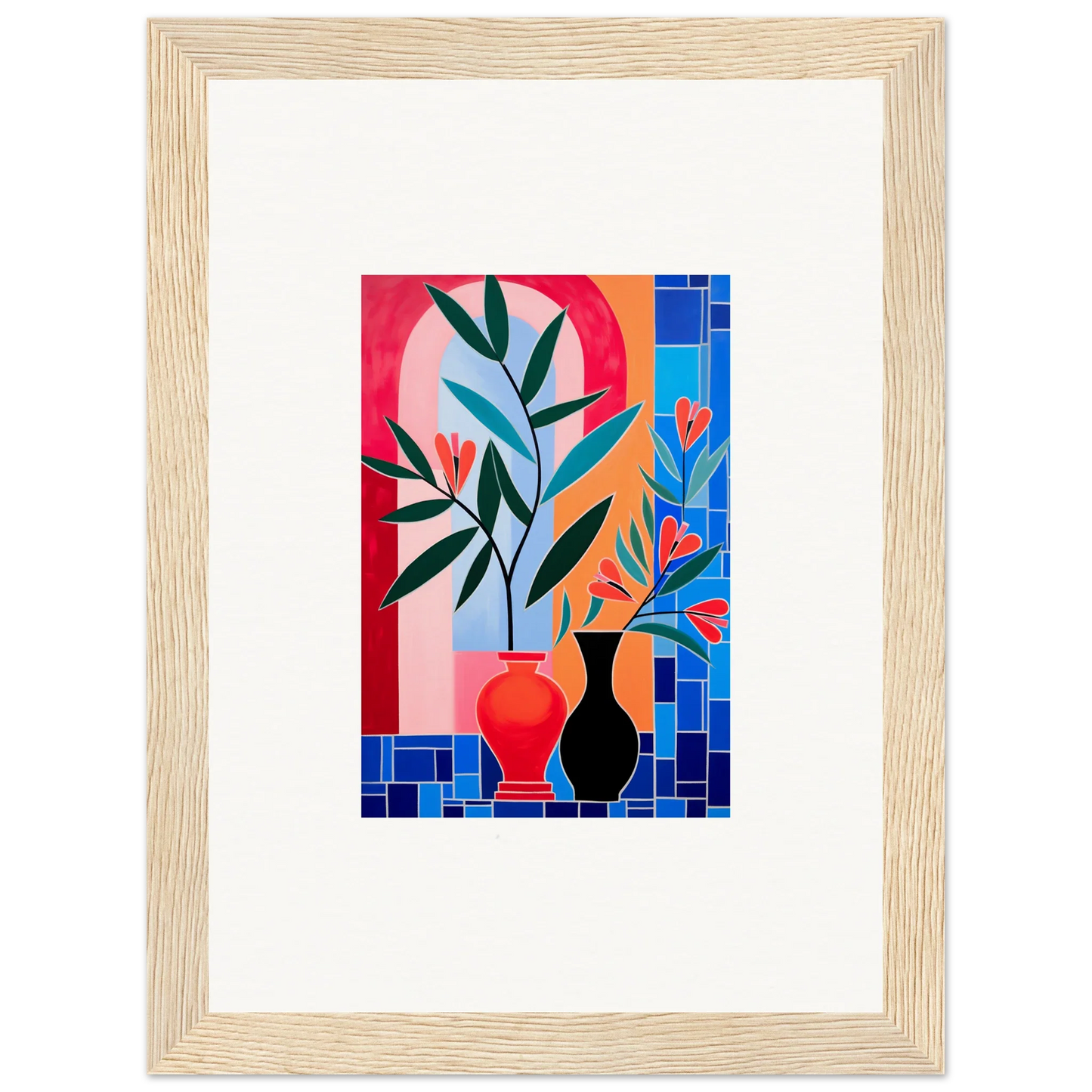 Framed wall art of colorful abstract ceramic blooms and plants for vibrant room decor