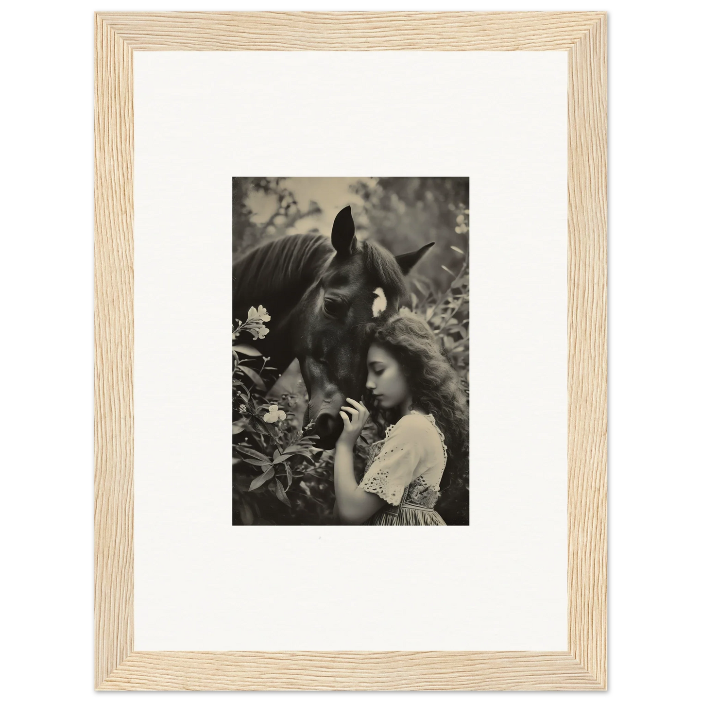 Black and white photo of a girl and horse, perfect for Equinox Whispers room decoration