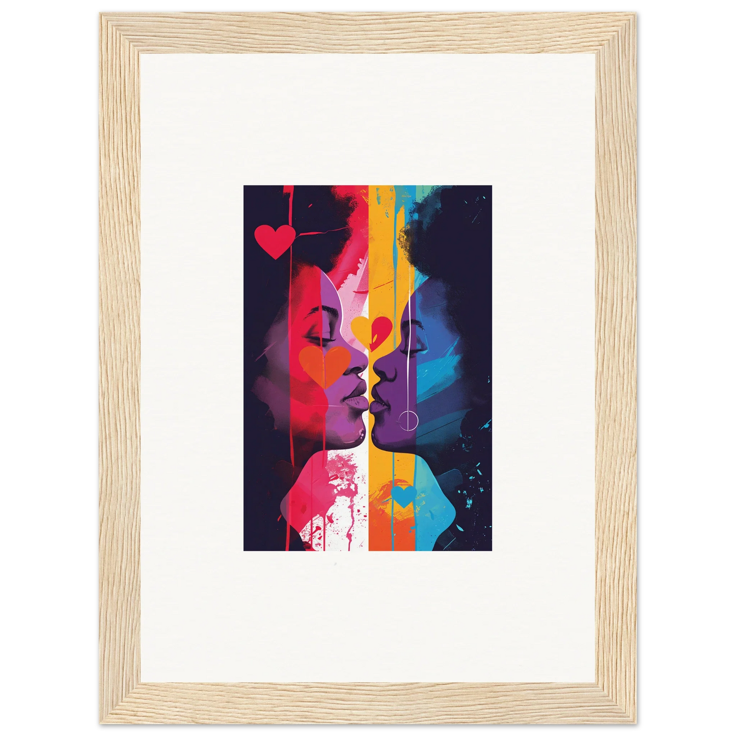 Colorful silhouettes about to kiss in a canvas print for vibrant room decoration