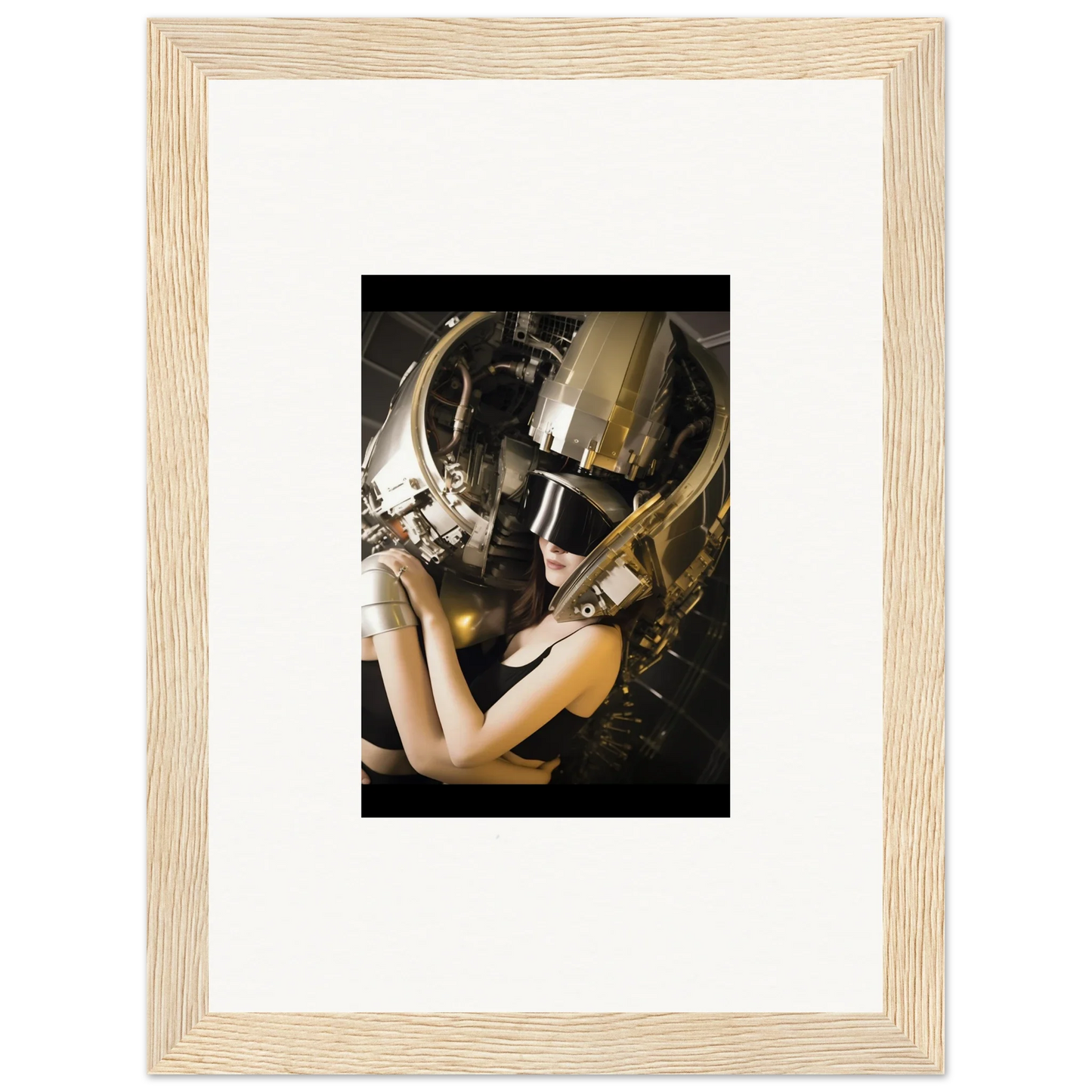 Framed wall art of a person in a golden helmet, perfect for room decoration