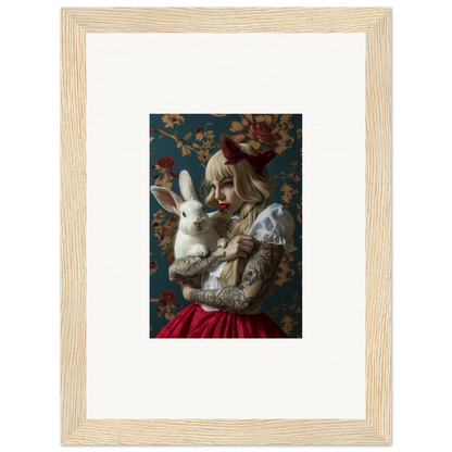 Framed canvas print of a rabbit dreams figure in a red dress, perfect room decoration