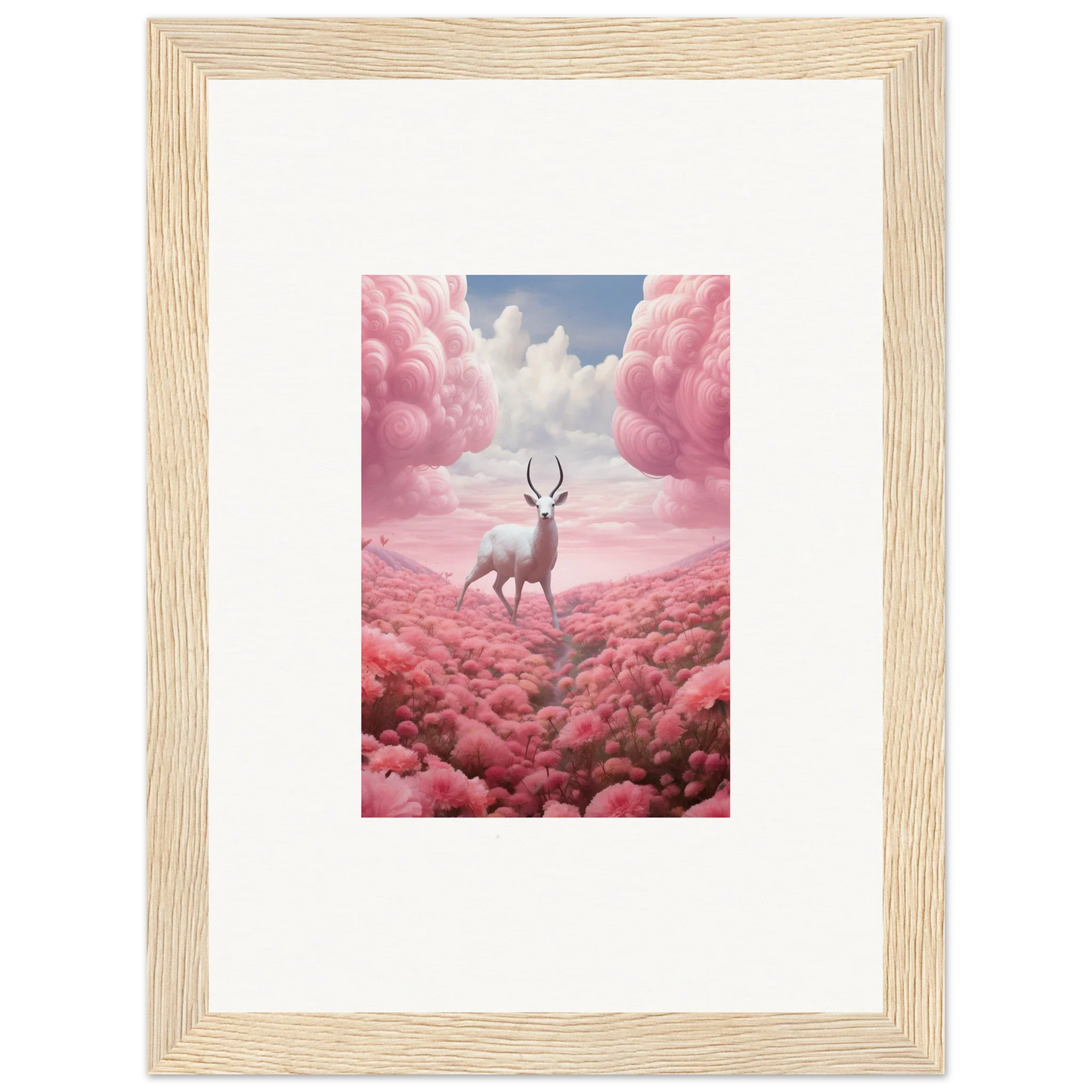 Deer with antlers in pink clouds, perfect for a Berry Collision canvas print room decoration