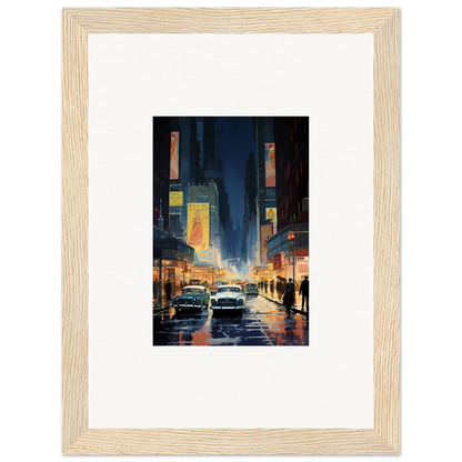 Framed canvas print of a rainy city street at night, perfect for room decoration wall art