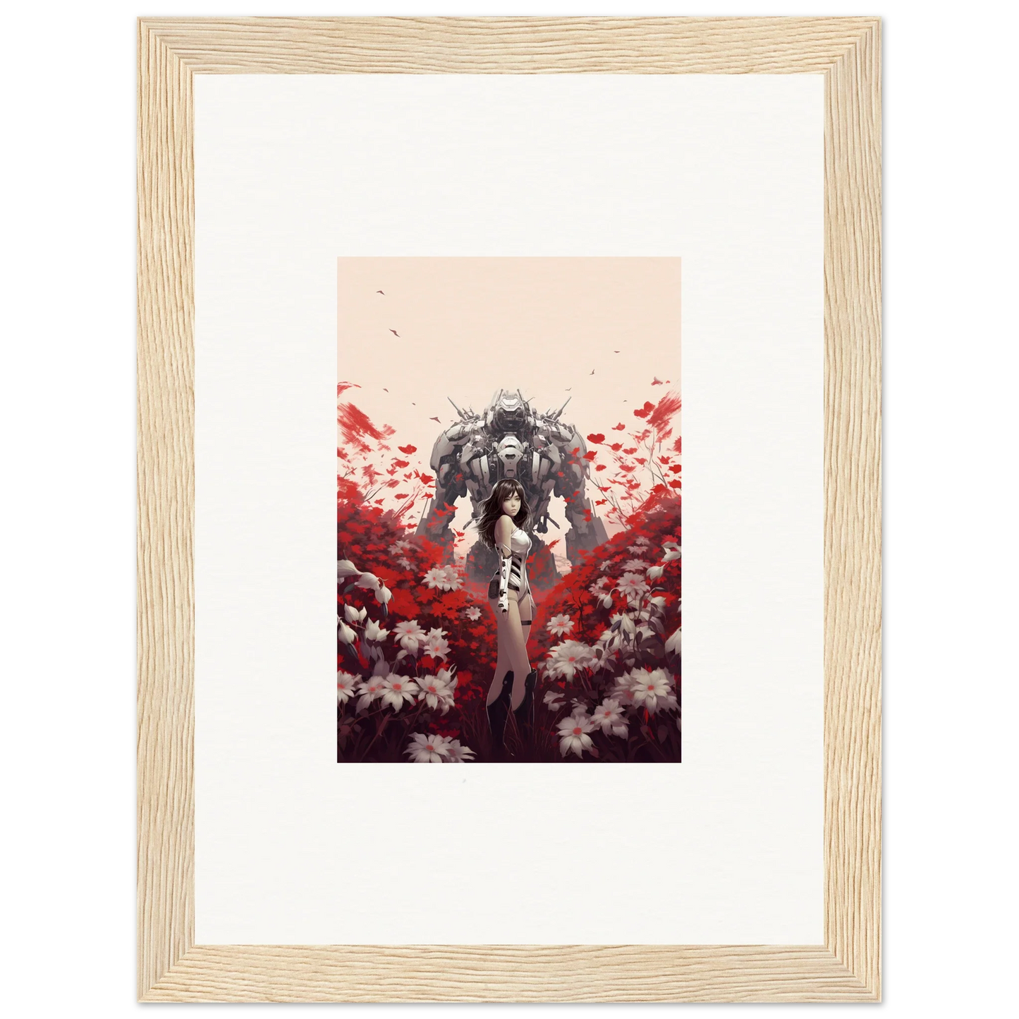 Framed canvas print of a figure with red and white flowers for boundary whimsy decoration