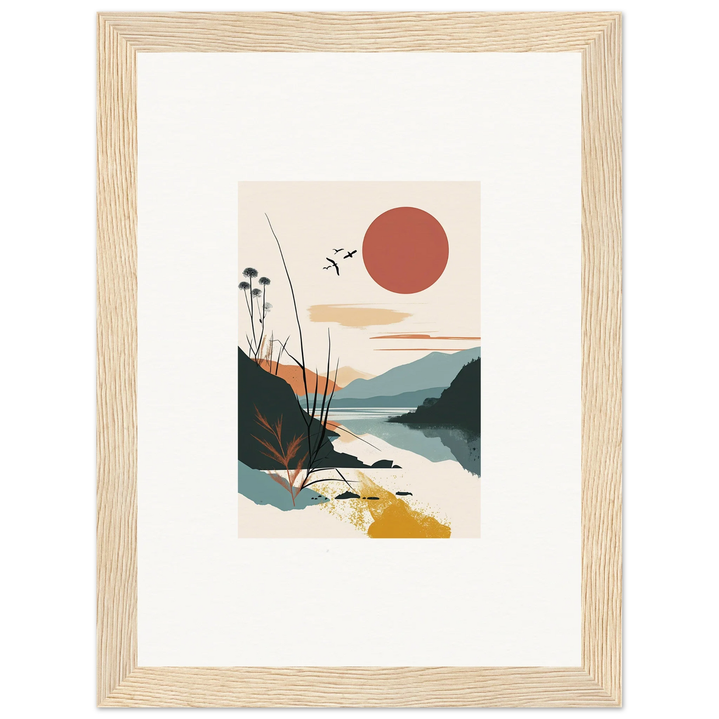 Framed minimalist canvas print of Sunrise Unfurled with mountains and sunset scene