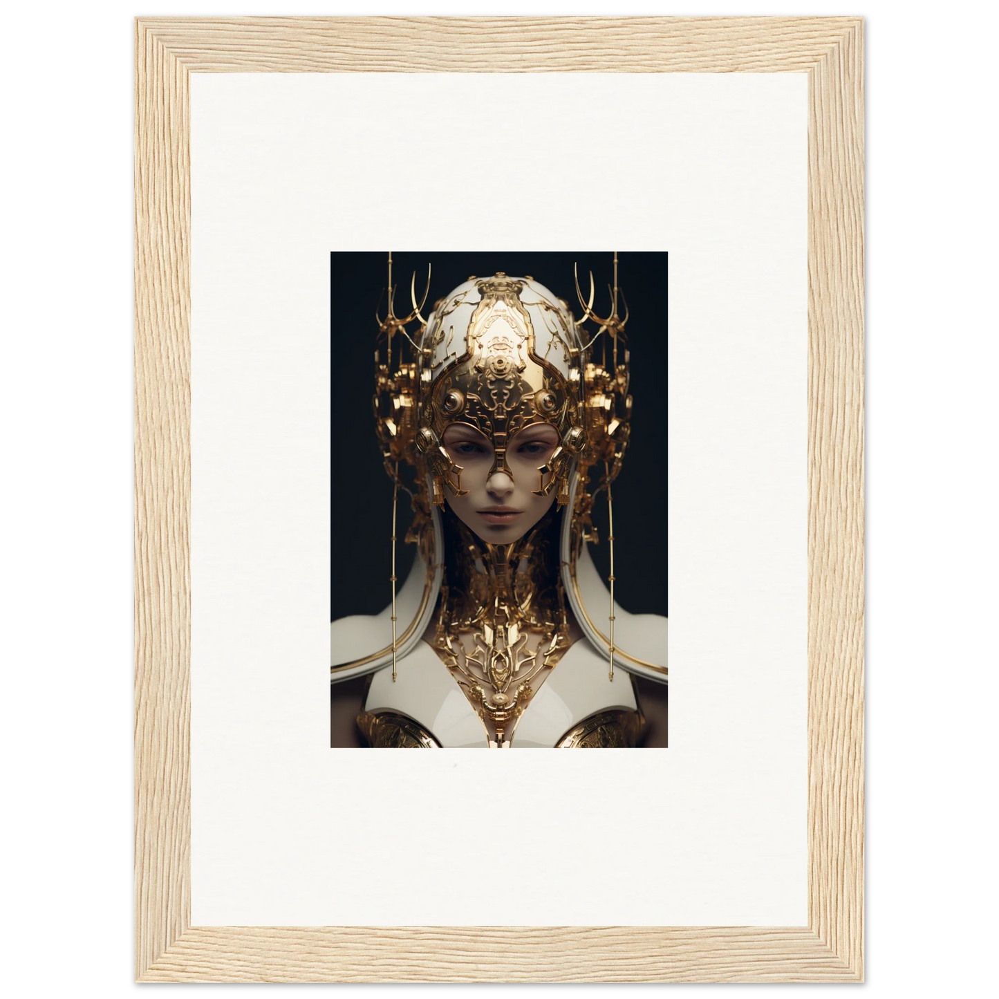 Ornate golden headdress and neck piece on an ethereal sovereign figure for room decoration