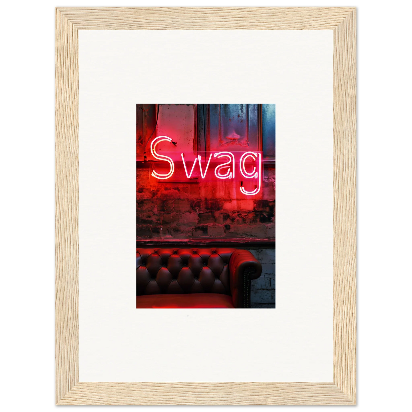 Neon red Swag sign glowing above a stylish leather couch for cool room decoration