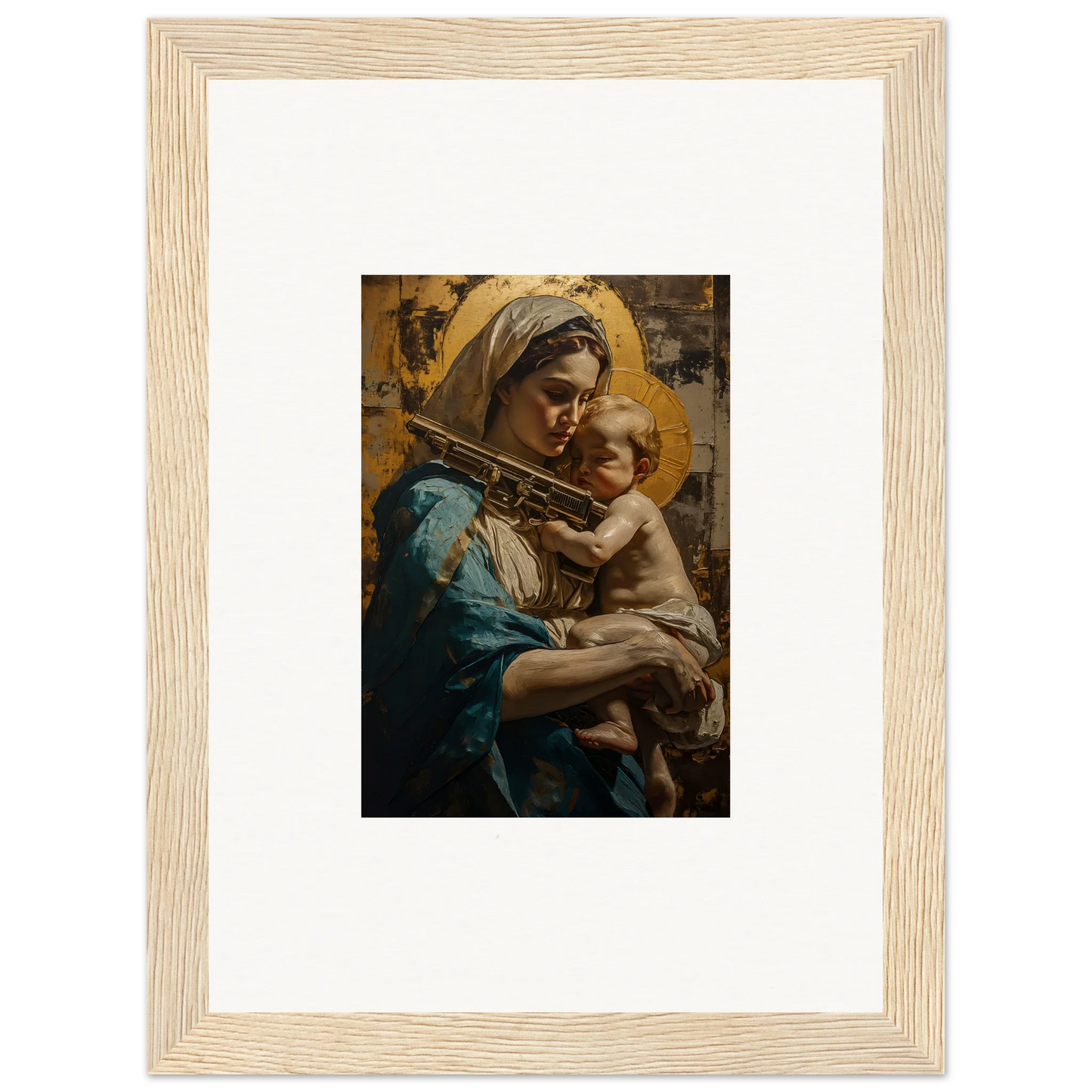 Framed canvas print of a woman in blue holding a child for loving sentinence decor