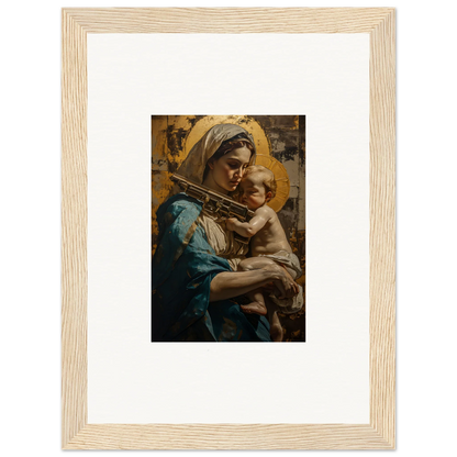 Framed canvas print of a woman in blue holding a child for loving sentinence decor