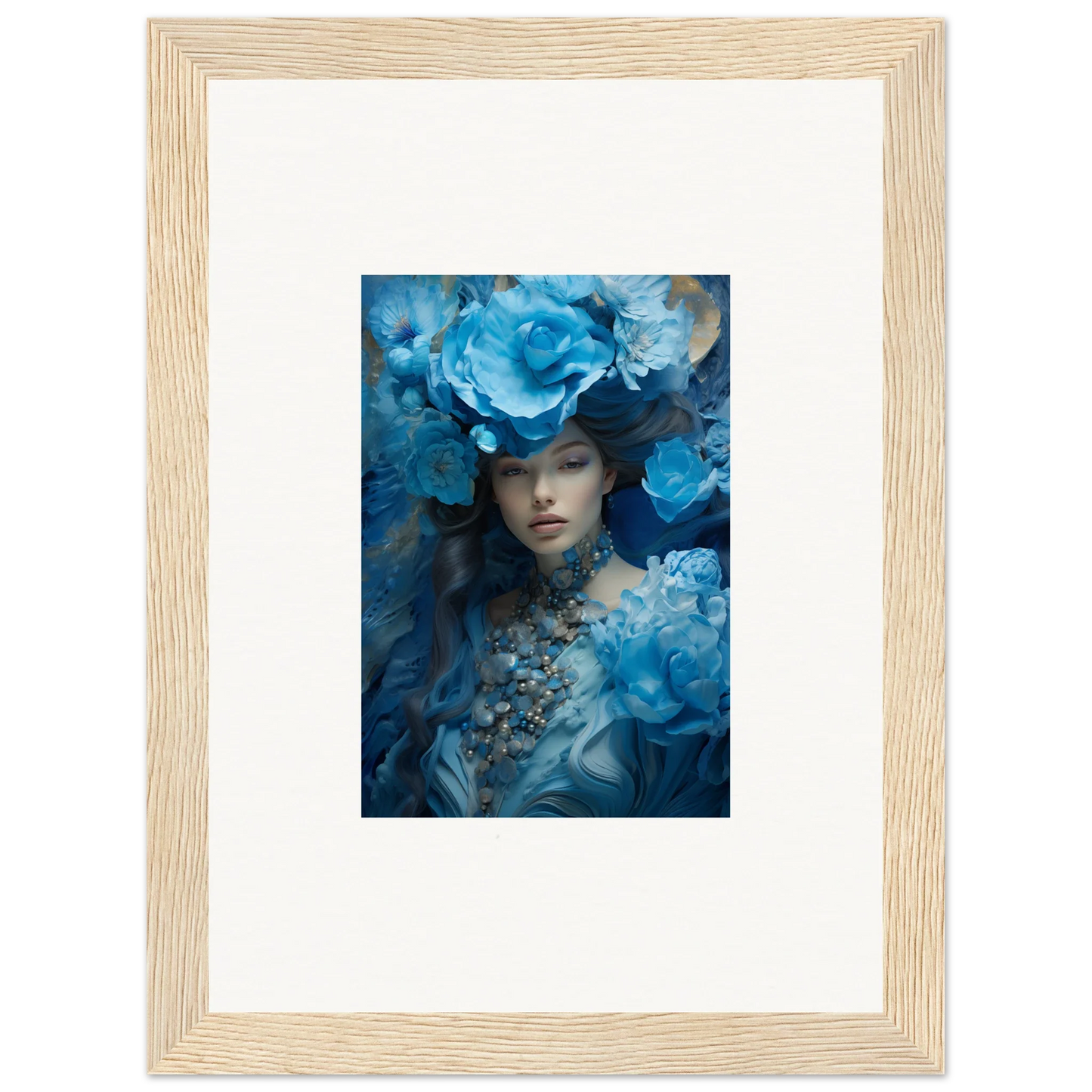 Surreal portrait canvas print with blue floral elements for stylish room decoration