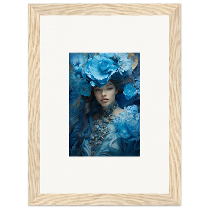 Surreal portrait canvas print with blue floral elements for stylish room decoration