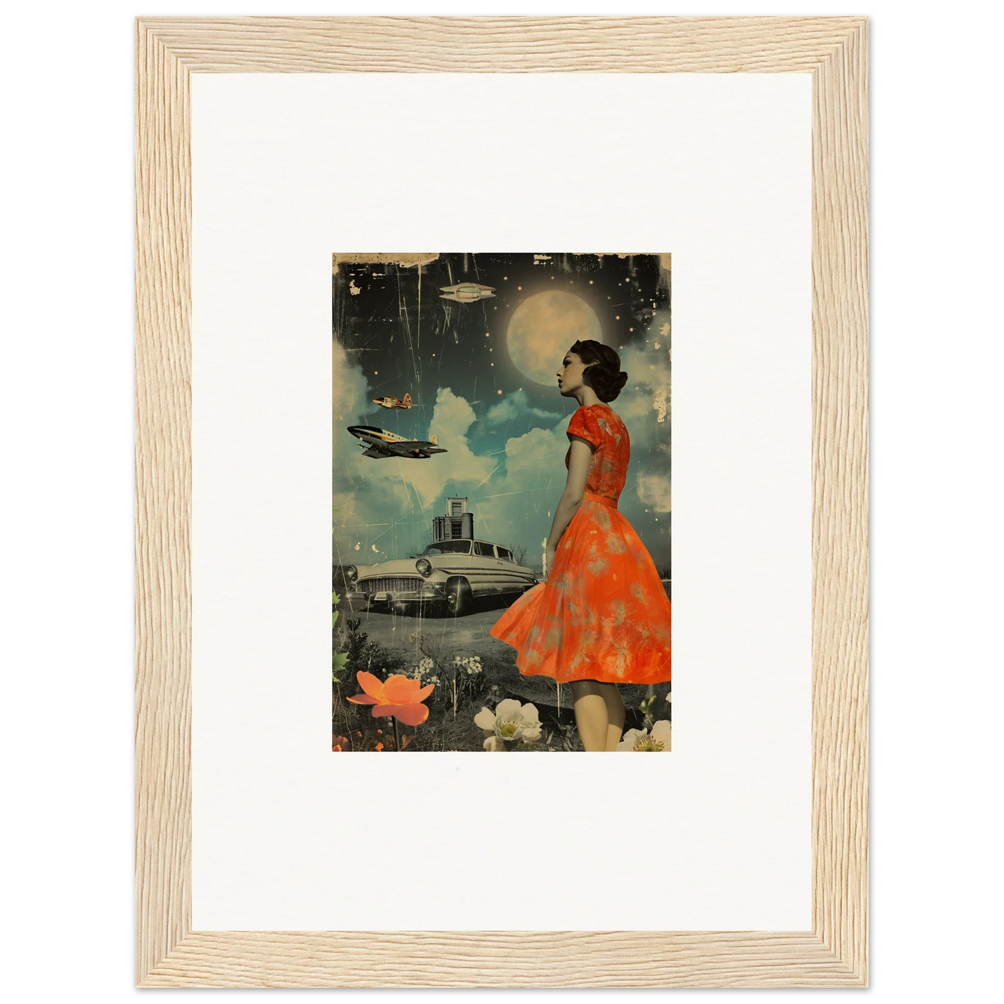 Framed canvas print of a woman in an orange dress under a surreal night sky for room decoration