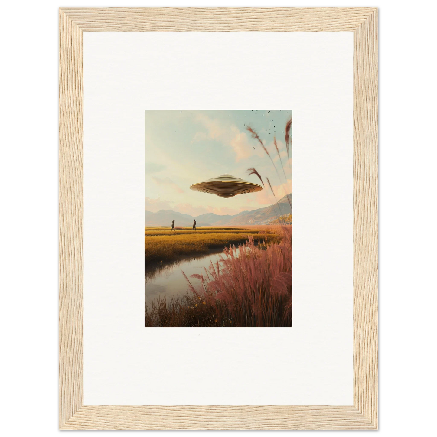 UFO hovering over a marshy landscape at sunset for Meadow Raindancers wall art