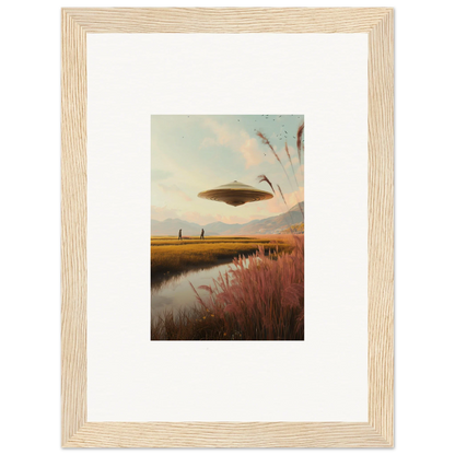 UFO hovering over a marshy landscape at sunset for Meadow Raindancers wall art