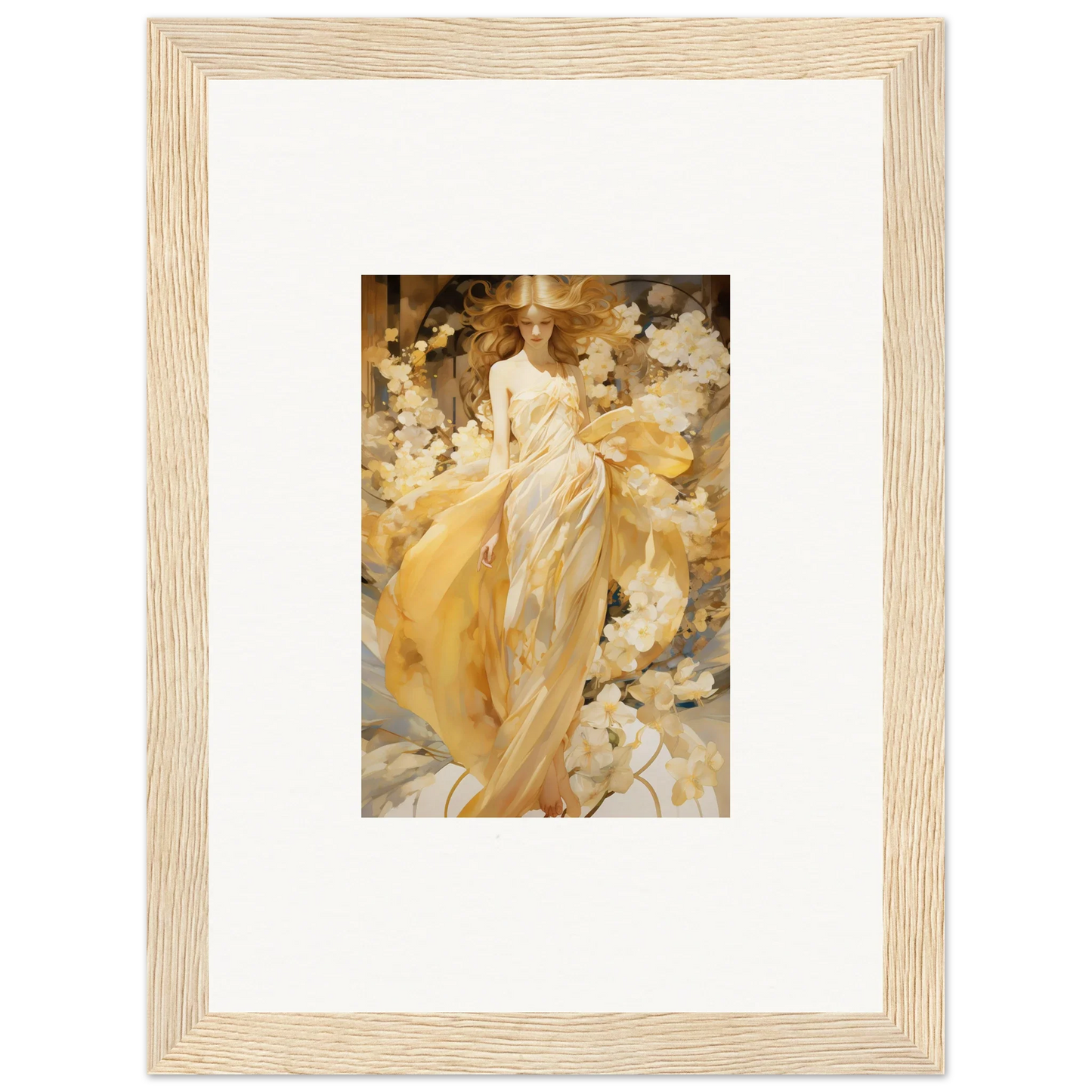 Framed canvas print of a woman in a yellow dress for your petal serenade room decoration