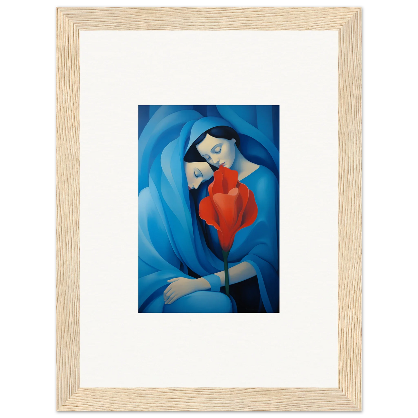 Framed canvas print of a mother and child in blue and red, perfect for room decoration