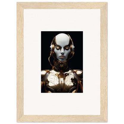 Futuristic humanoid robot with metallic face and gold accents for room decoration canvas print