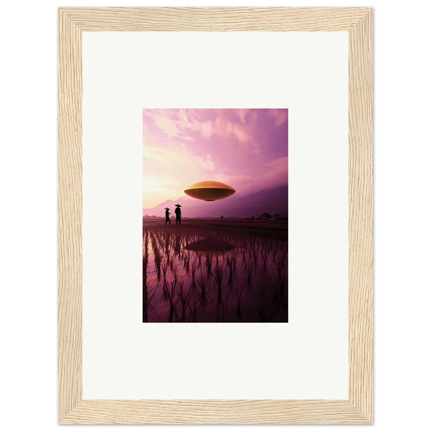 UFO over flooded rice field at sunset, perfect for your Violet Dreaming canvas print