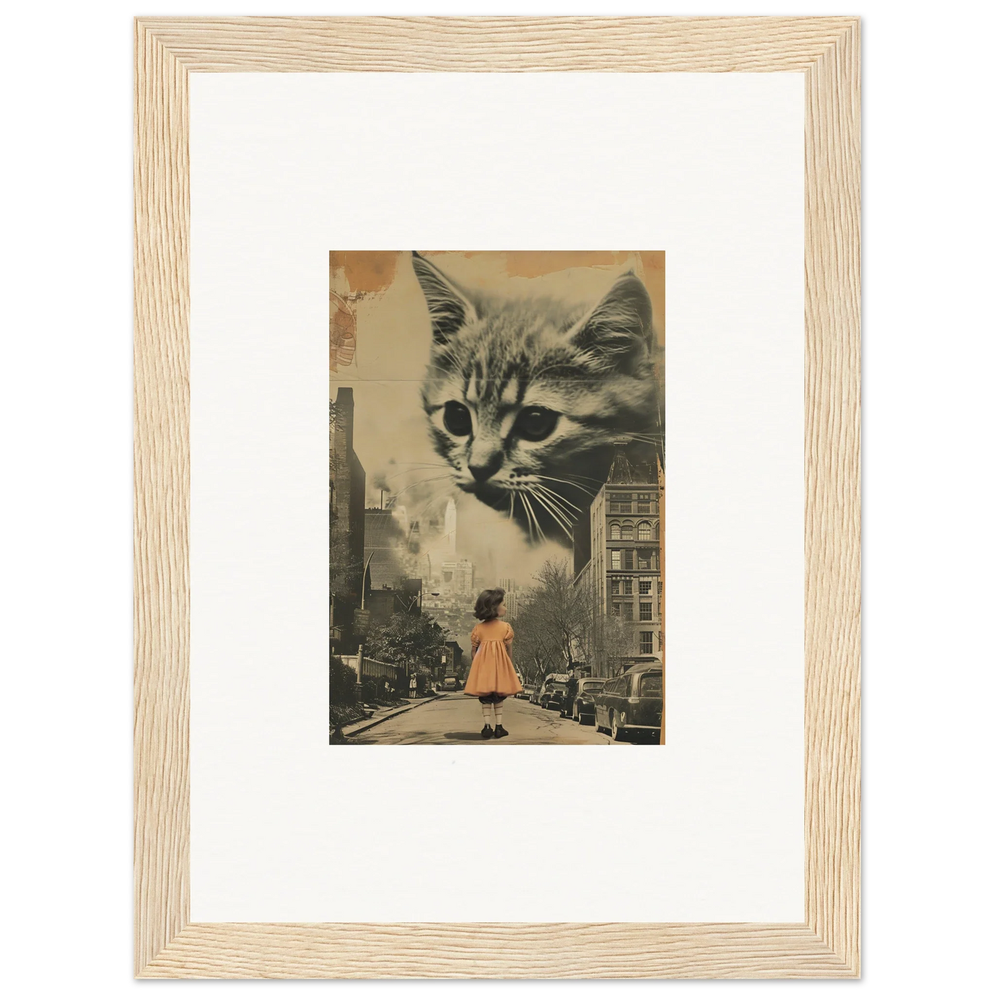 Framed canvas print of a giant cat face over a city, cool wall art for room decoration