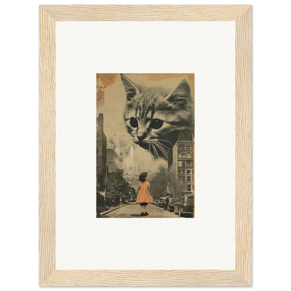 Framed canvas print of a giant cat face over a city, cool wall art for room decoration