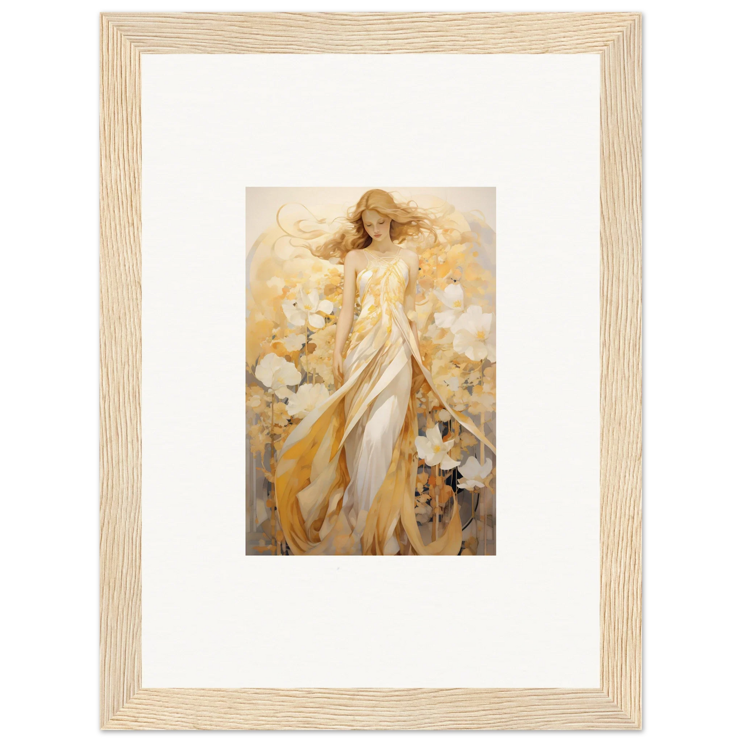 Framed canvas print of a woman in a golden dress with whispering petals for room decoration