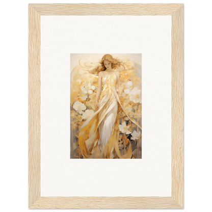 Framed canvas print of a woman in a golden dress with whispering petals for room decoration