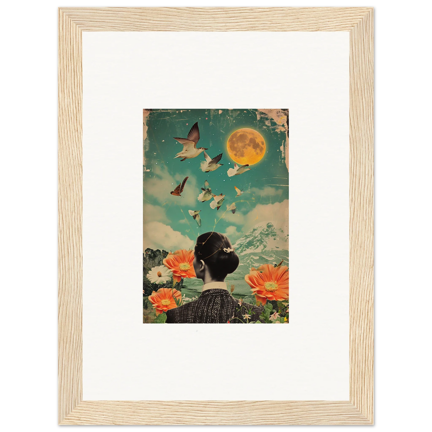 Framed canvas print of Lunar Bloom Reverie with a figure under a full moon