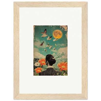 Framed canvas print of Lunar Bloom Reverie with a figure under a full moon