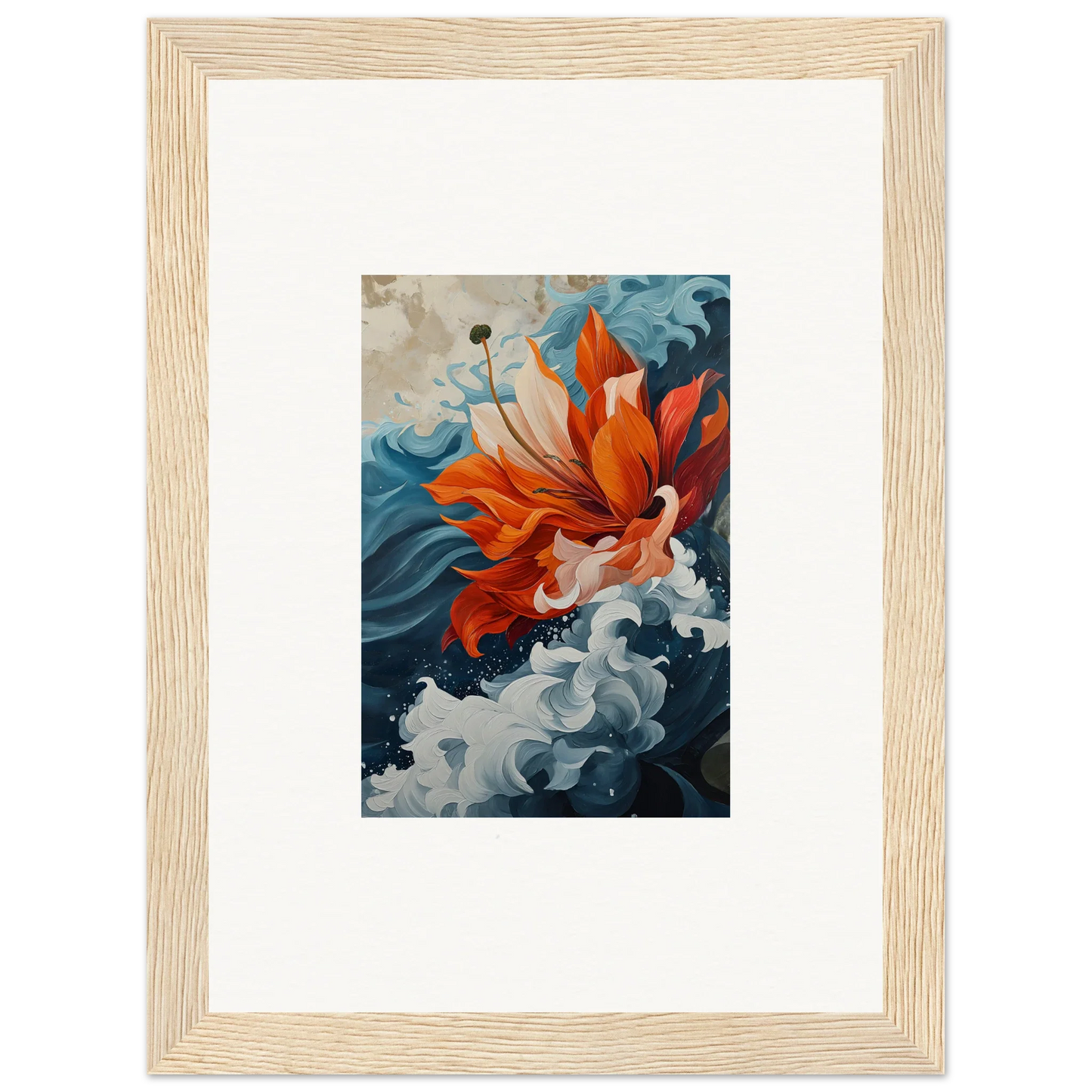 Framed abstract canvas print of vibrant orange petal odyssey in blue and white swirls