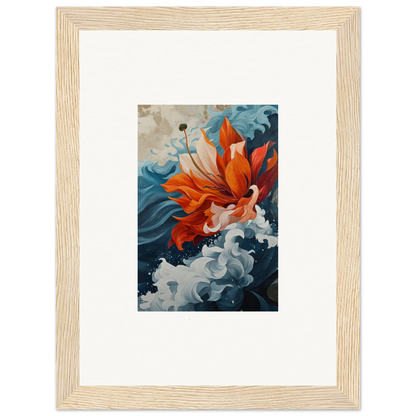 Framed abstract canvas print of vibrant orange petal odyssey in blue and white swirls