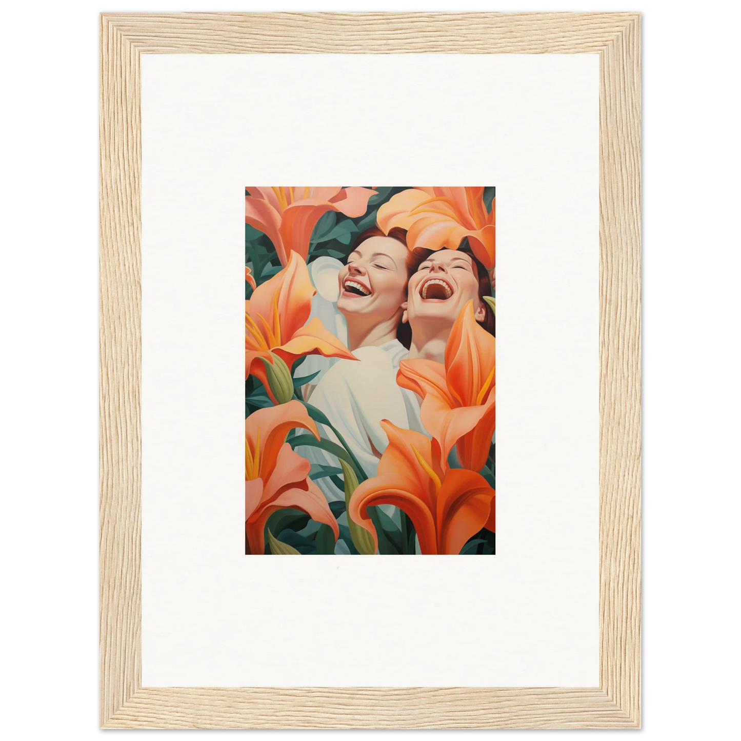 Framed wall art of two laughing people with orange lilies for stylish room decoration