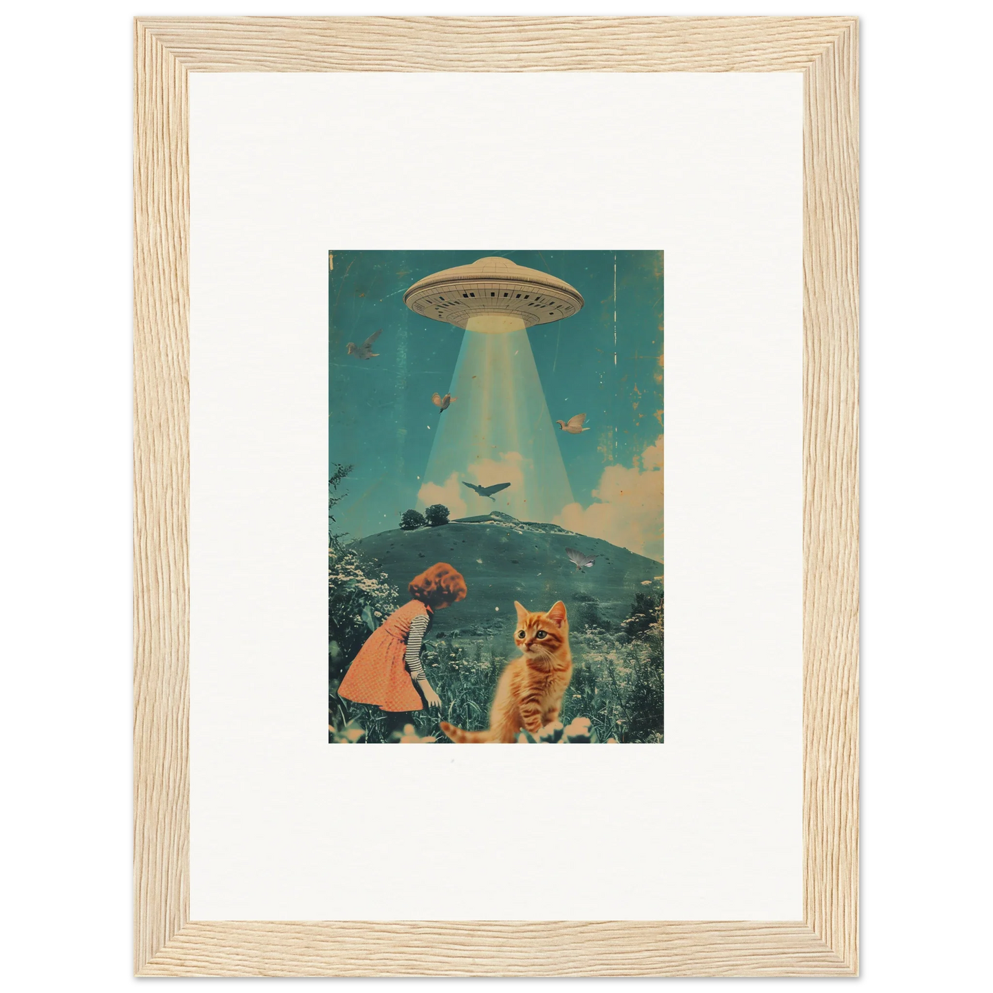 Framed retro canvas print of a UFO and a girl with a cat for cool room decoration