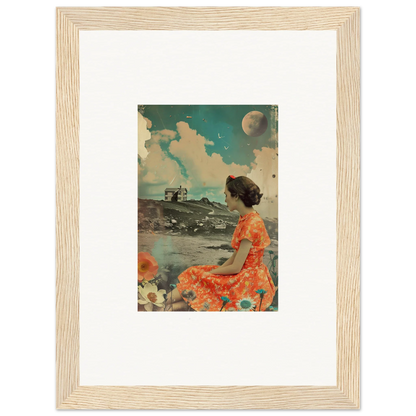 Framed canvas print of woman in orange dress in a surreal landscape for vibrant room decoration