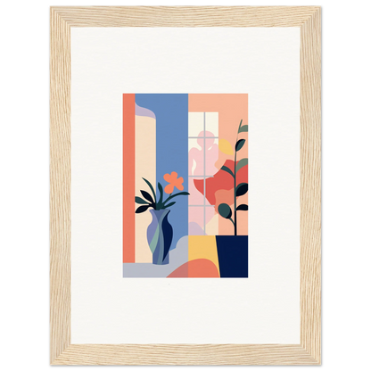 Framed Echoic Flower Emblaze canvas print with pastel geometric shapes and plant silhouettes