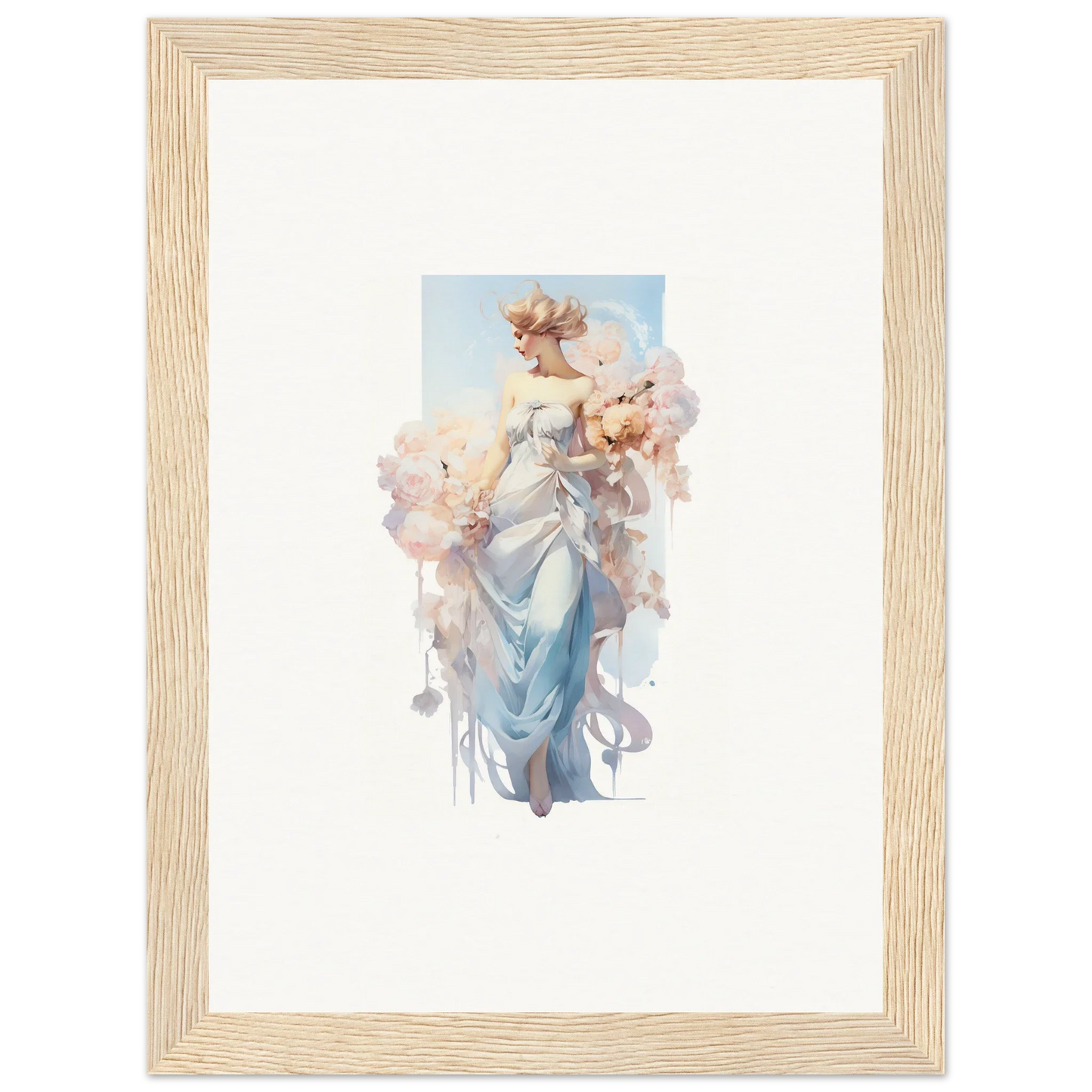 Framed watercolor of a dreamy female figure in blue for your bouquet waltz room decoration