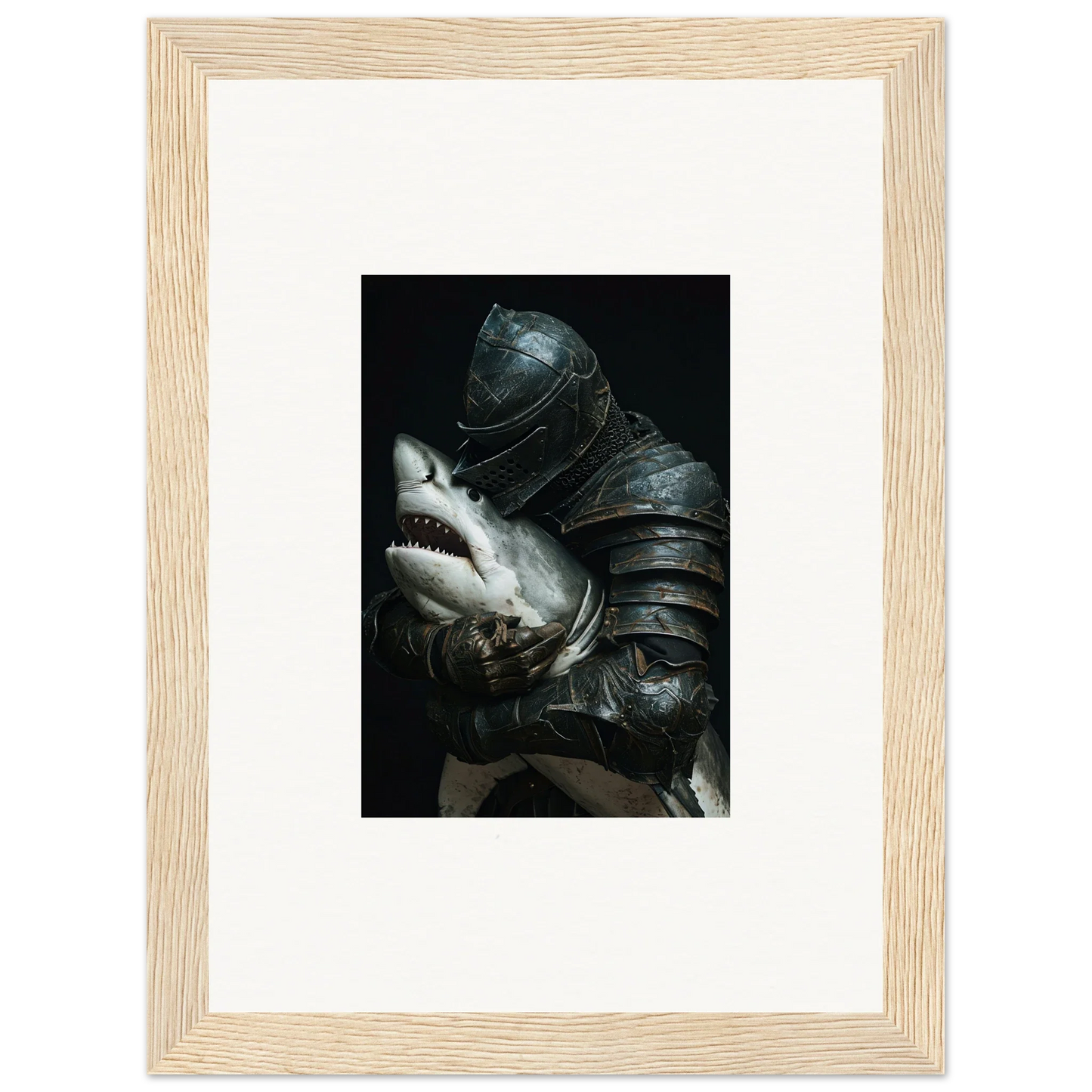 Framed canvas print showcasing a shark epiphany with an armored figure for cool room decoration