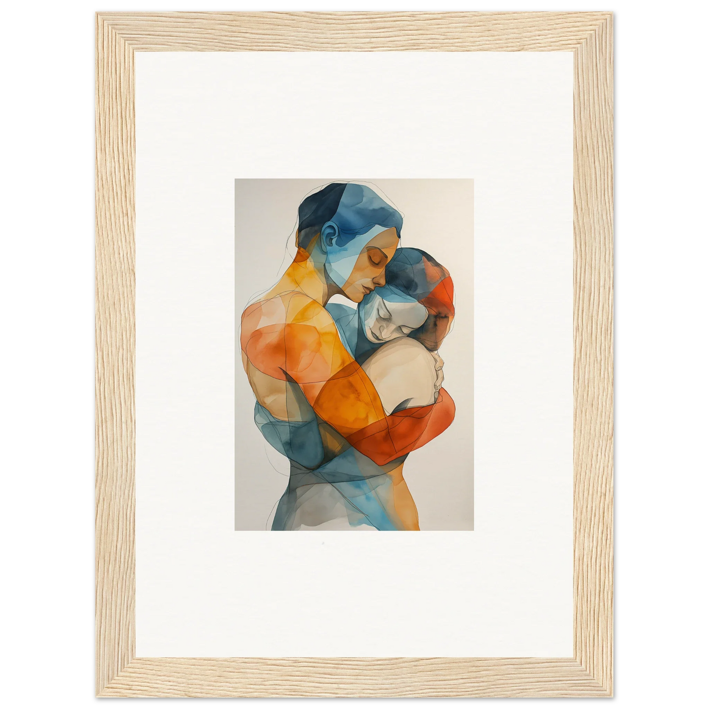 Abstract watercolor canvas print of two figures embracing in vibrant hues for cozy room decoration