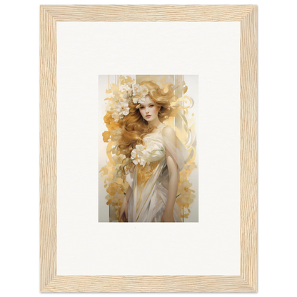 Framed wall art of a woman with flowing hair and flowers in warm tones, Flora Serenade