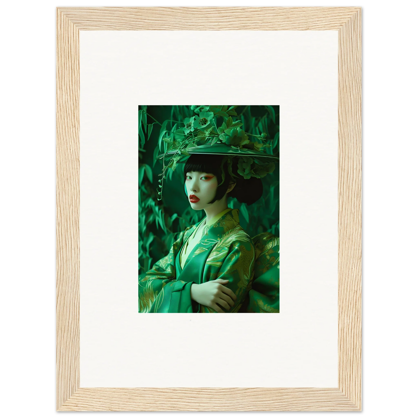 Framed canvas print of a woman in green for room decoration, Flora’s Whispering Spectacle