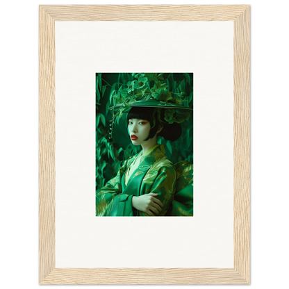 Framed canvas print of a woman in green for room decoration, Flora’s Whispering Spectacle