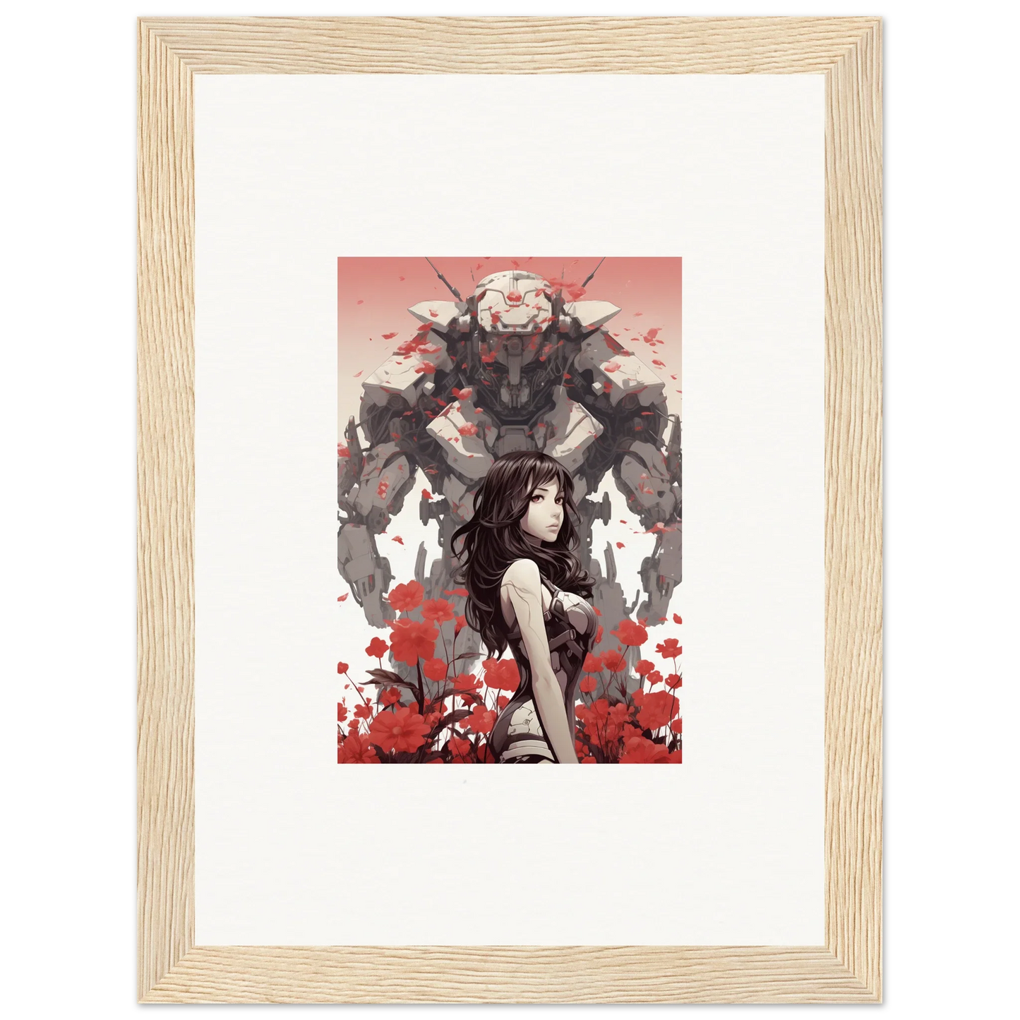 Framed canvas print of a dark-haired figure with red flowers, striking wall art for room decoration