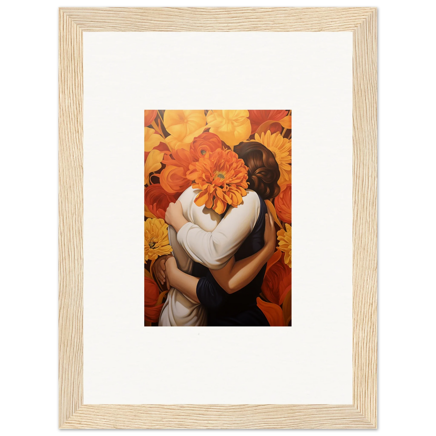 Framed artwork of two figures in a euphoria embrace surrounded by an orange flower