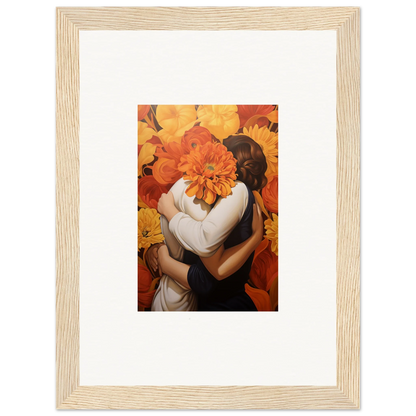 Framed artwork of two figures in a euphoria embrace surrounded by an orange flower