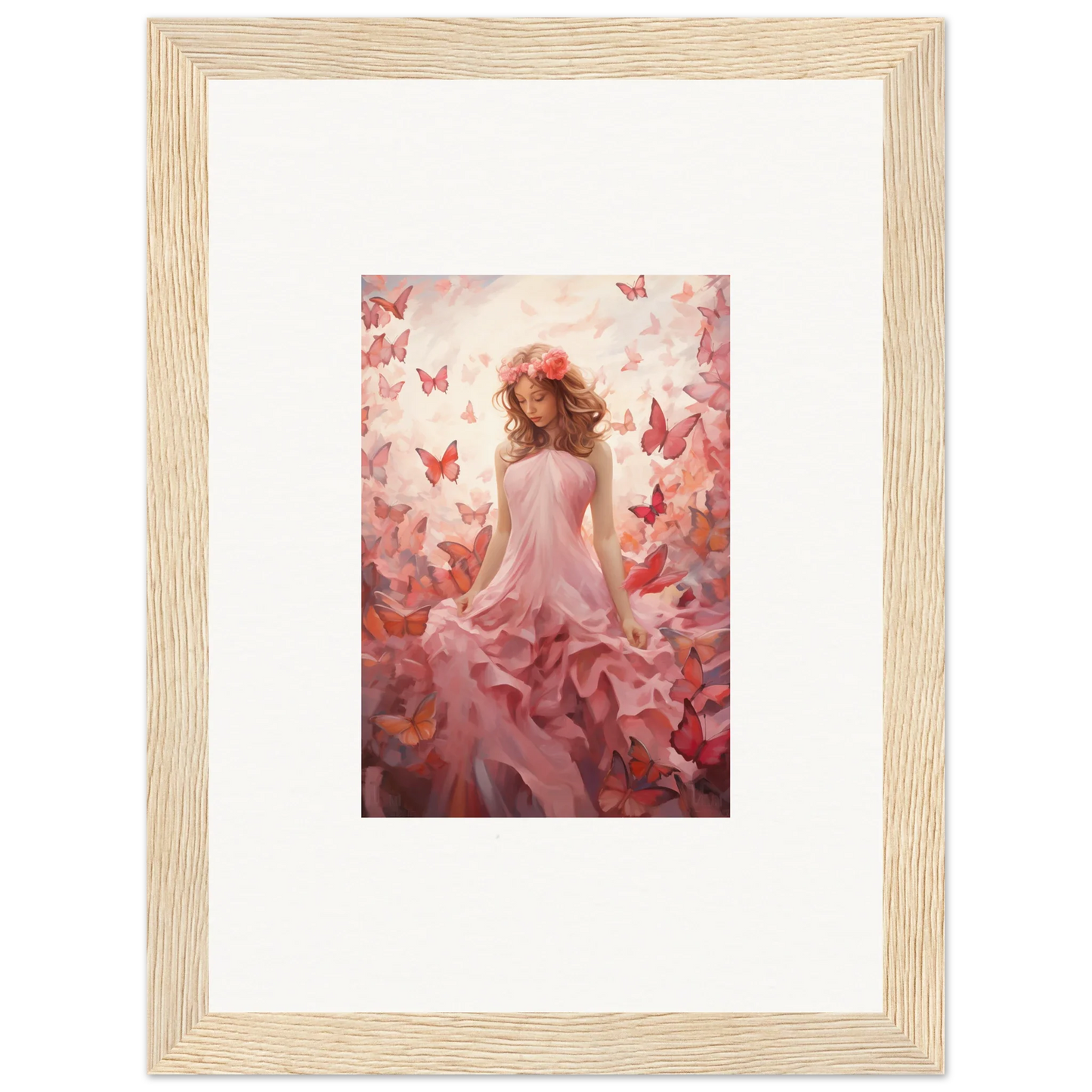 Framed canvas print of a figure in a pink dress with butterflies for autumn lattice decor