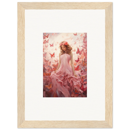 Framed canvas print of a figure in a pink dress with butterflies for autumn lattice decor